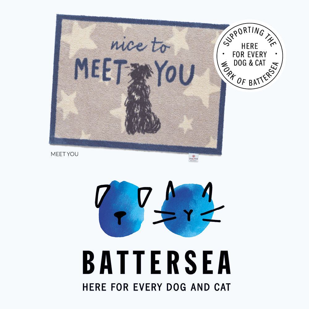 Promotional image for the Meet You Hug Rug washable doormat supporting Battersea charity