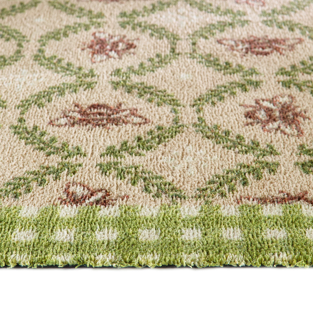 Beehive Green Charity Runner in Beige- a 100% recycled cotton runner featuring a white and green checked border and a collection of hand-painted bumblebees surrounded by a leafy garland.