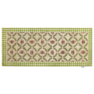 Beehive Green Charity Runner in Beige- a 100% recycled cotton runner featuring a white and green checked border and a collection of hand-painted bumblebees surrounded by a leafy garland.