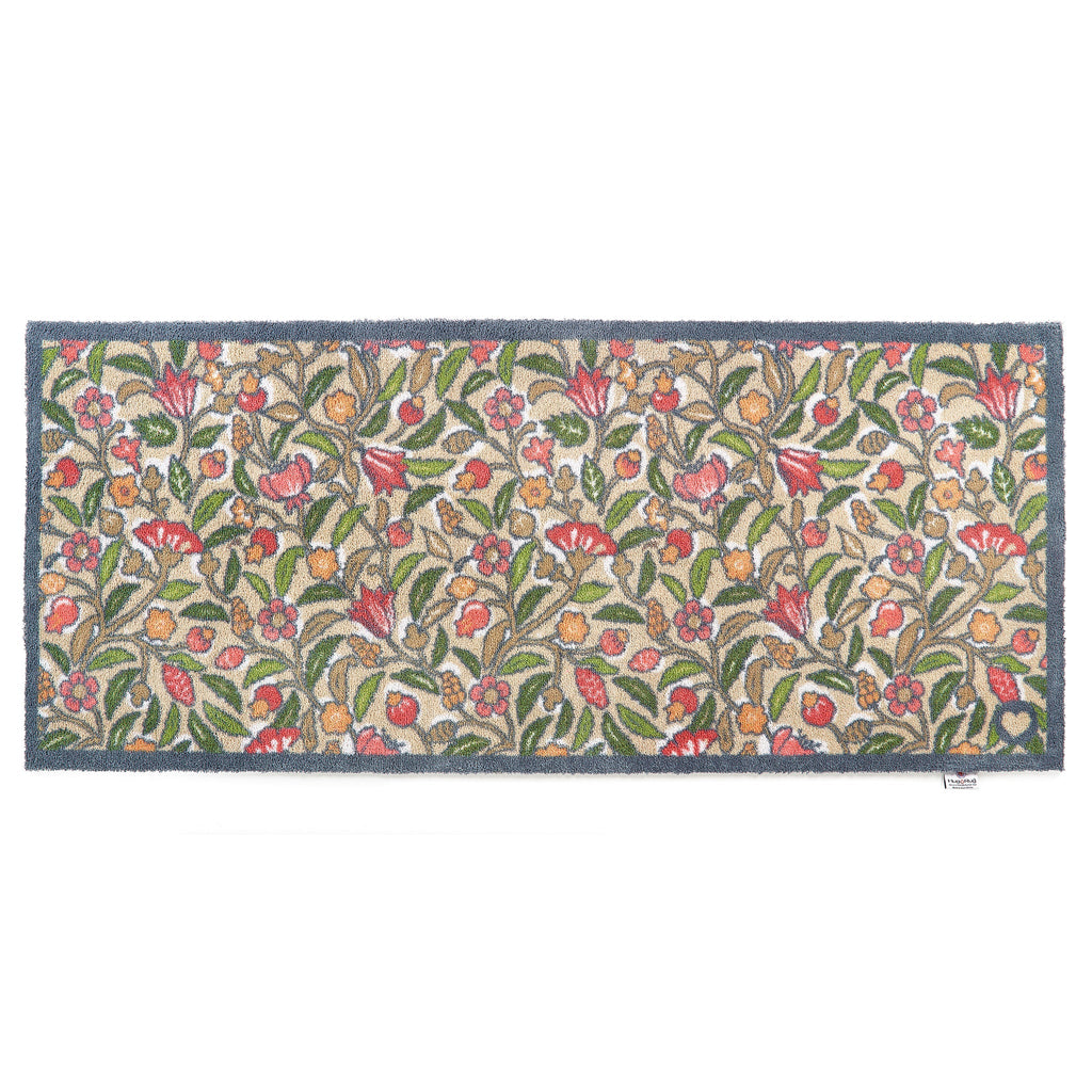 May Floral Washable Runner in Beige- a 100% recycled cotton runner featuring hand-painted orange, pink, and burgundy flowers.
