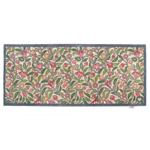 May Floral Washable Runner in Beige- a 100% recycled cotton runner featuring hand-painted orange, pink, and burgundy flowers.