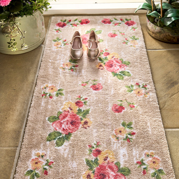 Vintage Rose Washable Runner- a 100% recycled cotton runner featuring collection of hand-painted pink and orange roses.