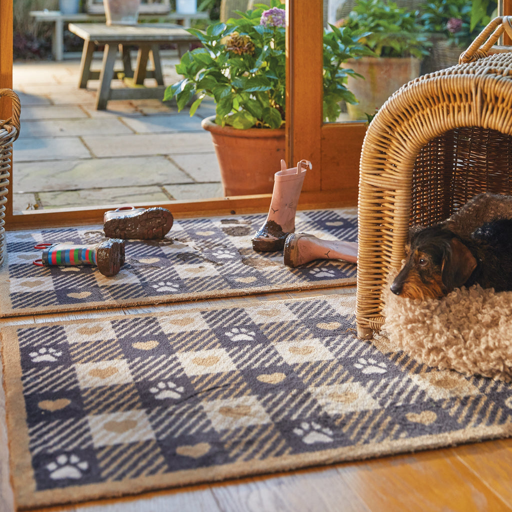 Pet Check 1 Beige Washable Runner- a 100% recycled cotton runner featuring navy and cream checks, accented with paws, hearts, and stripes in beige and white.