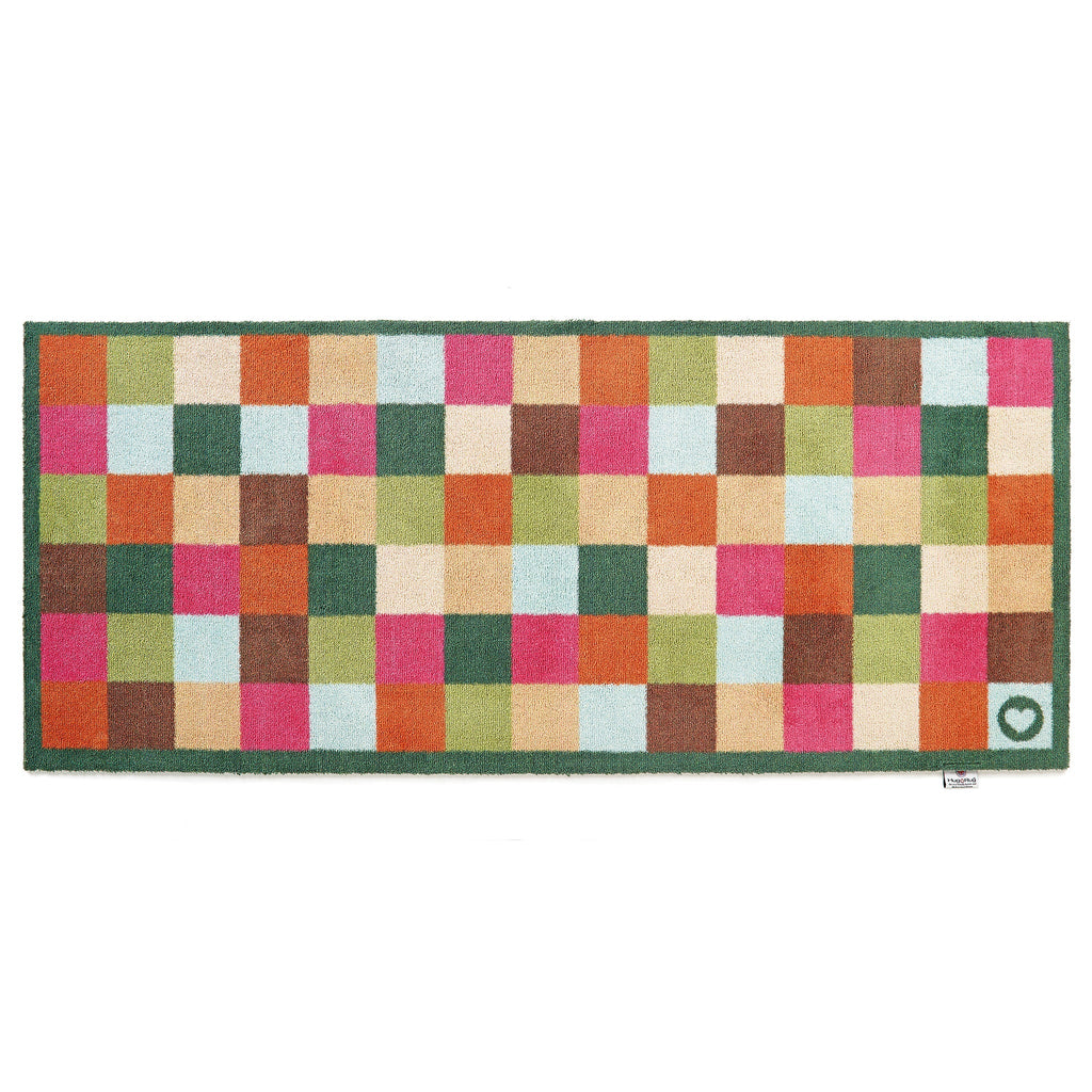 Allsorts Check Washable Runner- a 100% recycled cotton runner featuring multicoloured square checks in pink, beige, green, blue, orange, and brown.