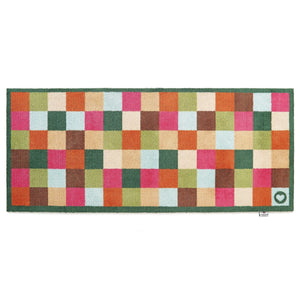 Allsorts Check Washable Runner- a 100% recycled cotton runner featuring multicoloured square checks in pink, beige, green, blue, orange, and brown.