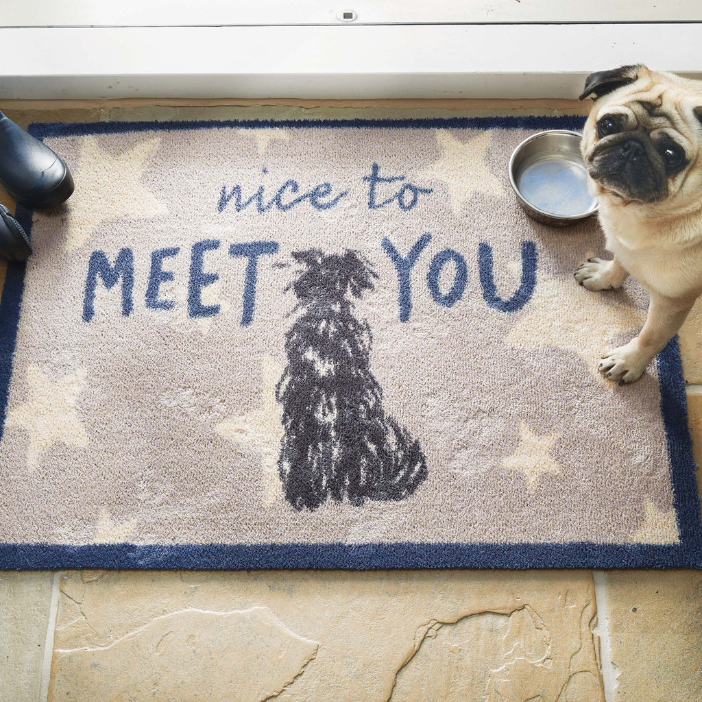 Lifestyle image of a dog sat on a Battersea Meet You Hug Rug washable doormat