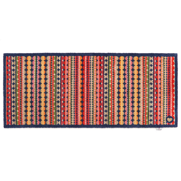 Beady Stripe Charity Runner- a 100% recycled cotton runner featuring multi-coloured stripe pattern in navy, red, pink, orange, green, white and beige.