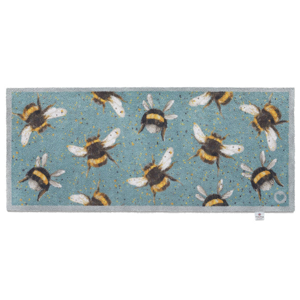 Bee 3 Charity Runner in Blue- 100% recycled cotton runner featuring yellow and charcoal splatters, with multi-directional bumblebees.
