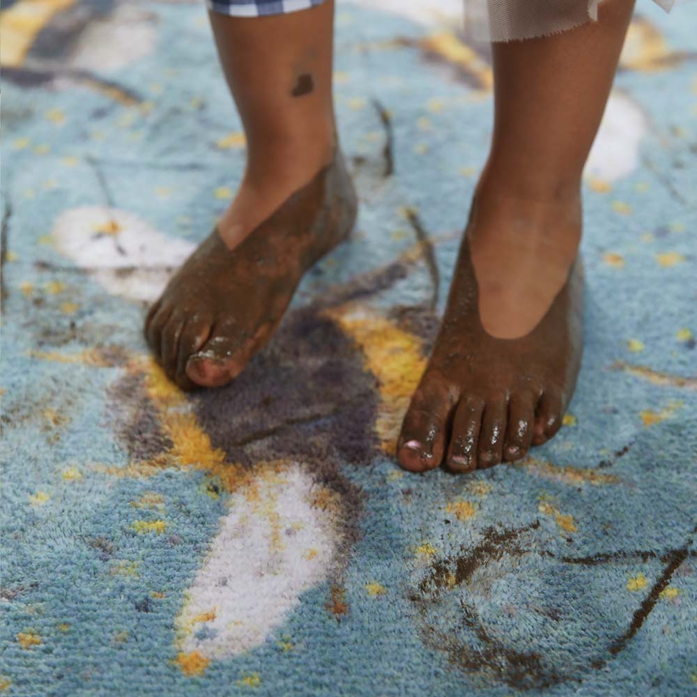 Bee 3 Charity Runner in Blue- 100% recycled cotton runner featuring yellow and charcoal splatters, with multi-directional bumblebees.