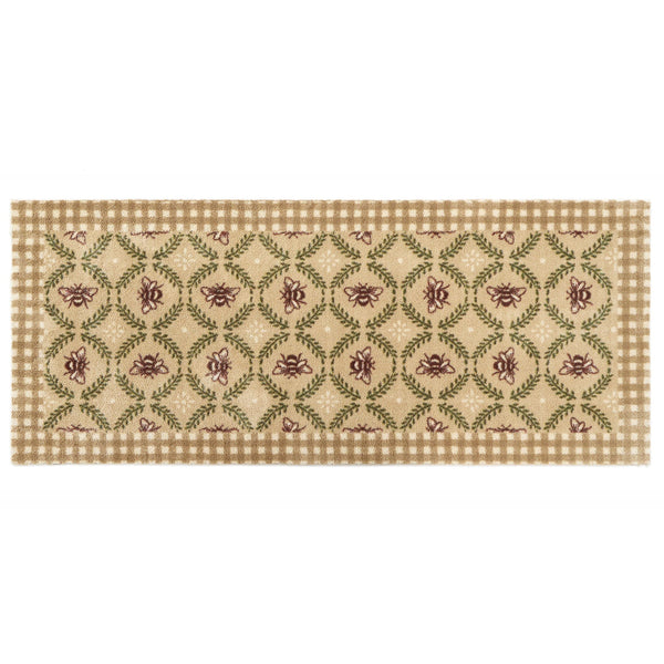 Beehive Beige Charity Runner- 100% recycled cotton runner featuring a collection of bees surrounded by green laurel branches in an oval pattern