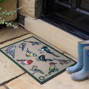 Bird Watcher Outdoor Doormat- 100% recycled nylon outdoor doormat featuring hand-painted birds.
