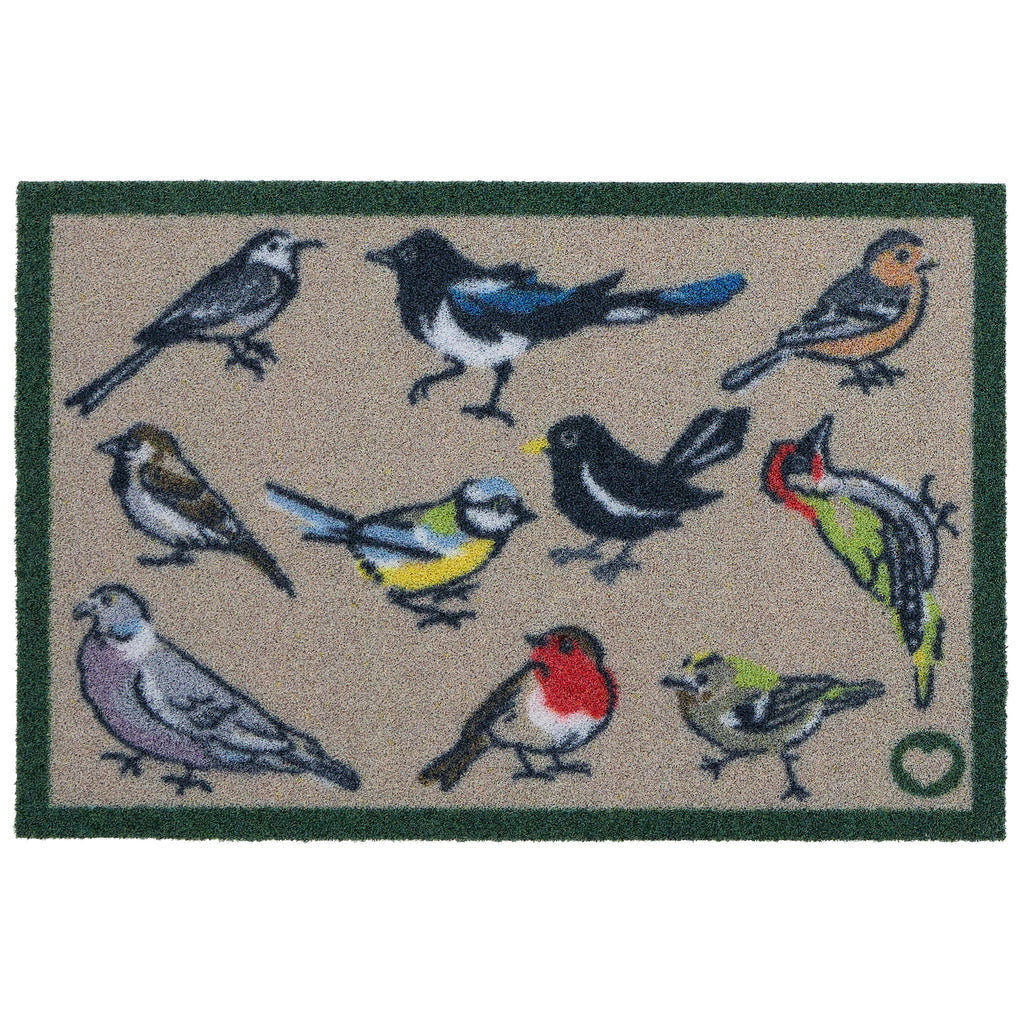 Bird Watcher Outdoor Doormat- 100% recycled nylon outdoor doormat featuring hand-painted birds.