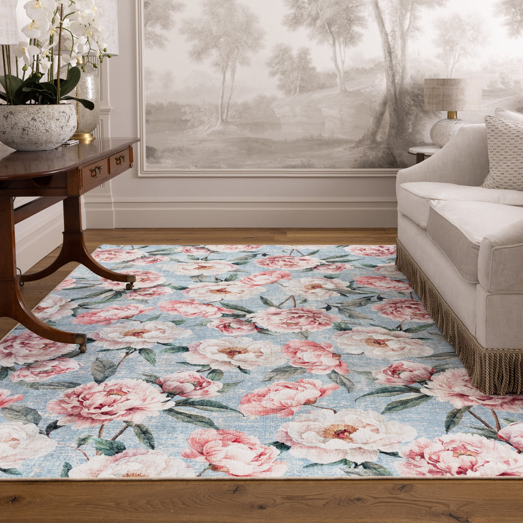 Hug Rug Blue Blooming Peonies Washable Living Room Rug