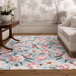 Hug Rug Blue Blooming Peonies Washable Living Room Rug