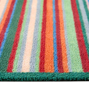 Bright Green Stripe Washable Runner- a 100% recycled cotton runner featuring a bright striped design in green, red, orange, and blue.