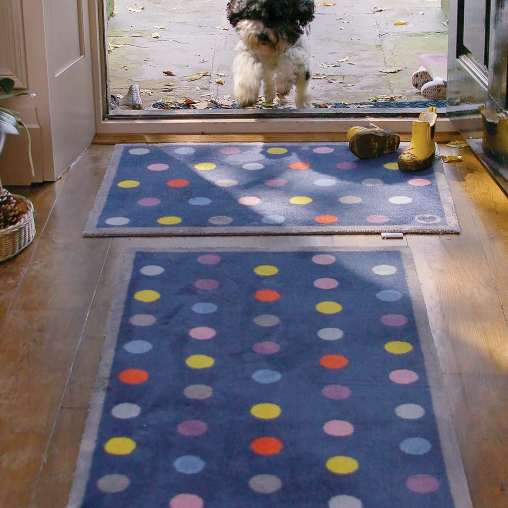 Bright Spot 1 Charity Runner- a 100% recycled cotton runner featuring a multi-coloured spot pattern in blue, yellow, pink, purple and grey.