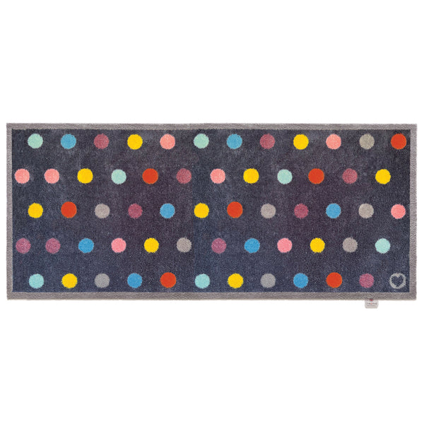 Bright Spot 1 Charity Runner- a 100% recycled cotton runner featuring a multi-coloured spot pattern in blue, yellow, pink, purple and grey.