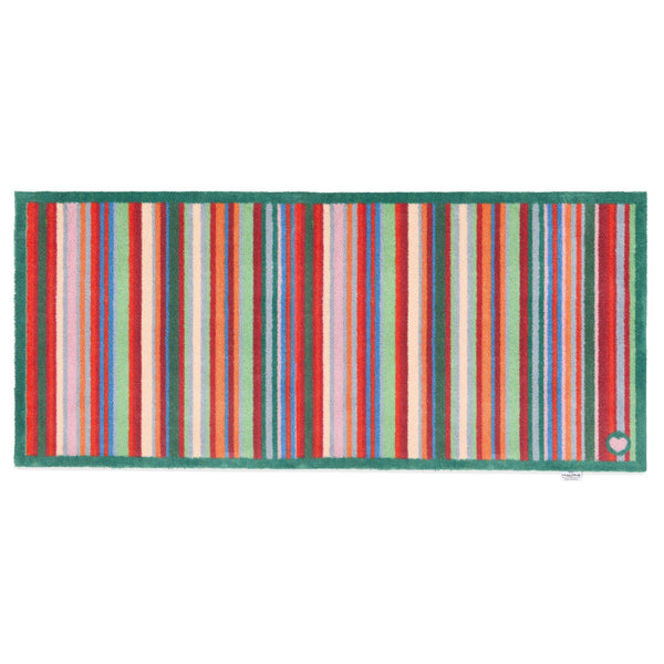 Bright Green Stripe Washable Runner- a 100% recycled cotton runner featuring a bright striped design in green, red, orange, and blue.