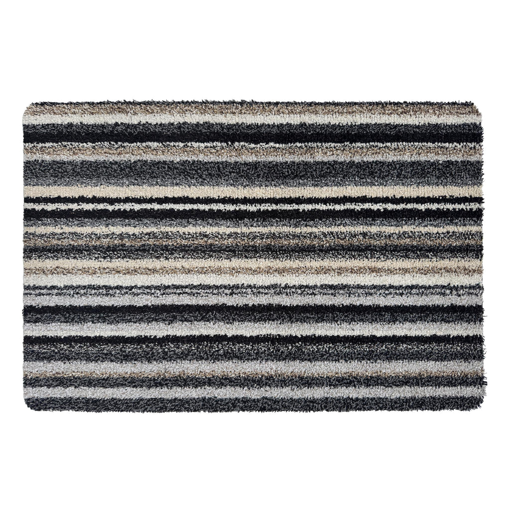 Candy Monochrome doormat- a cotton doormat featuring a striped design  in beige, grey, brown, black, and white.