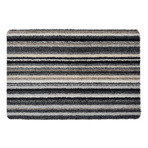 Candy Monochrome doormat- a cotton doormat featuring a striped design  in beige, grey, brown, black, and white.