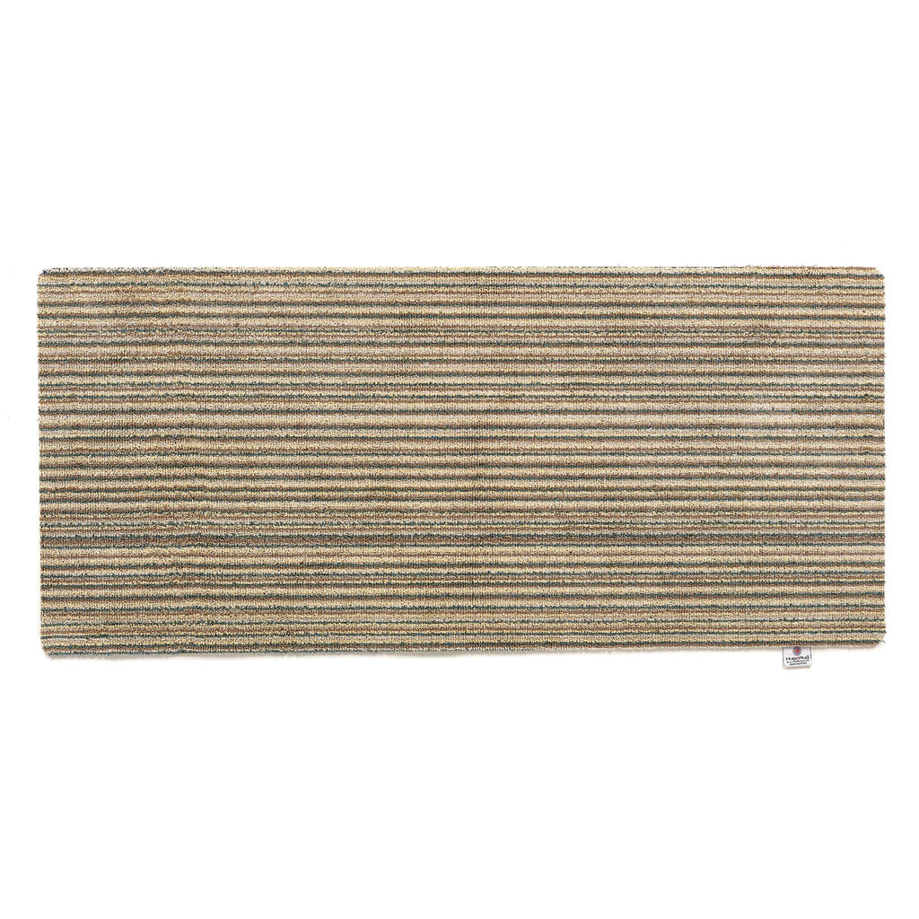 Candy Earth Stripe Washable Runner- a 100% recycled material runner in shades of blue, beige, brown, and light grey.