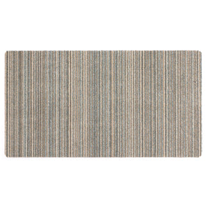 Candy Sand Striped Washable Runner- a 100% recycled material runner featuring a subtle striped pattern in shades of teal, beige, brown, white, and light grey.