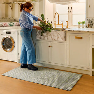 Candy Green Stripe Washable Runner- a 100% recycled material runner in shades of green, white, and grey.