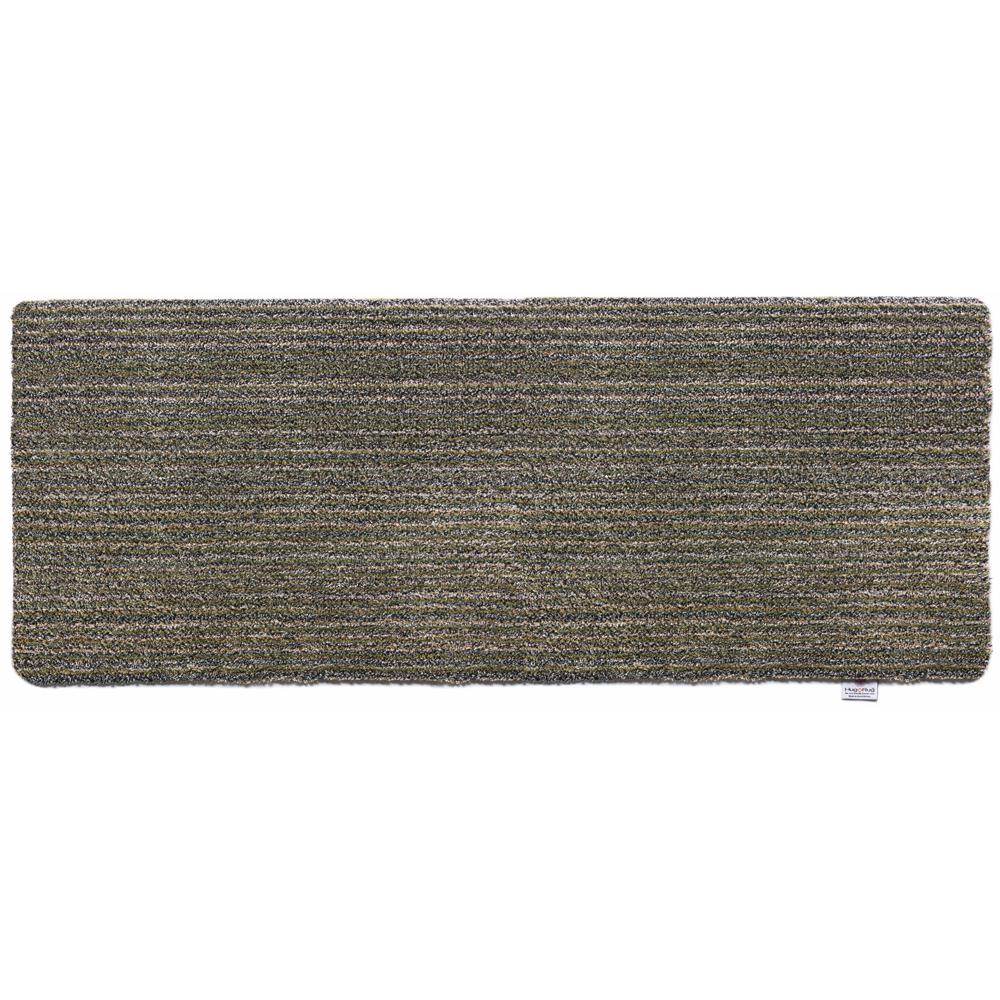 Candy Sage Green Washable Runner- a 100% recycled material runner featuring a subtle striped pattern in shades of grey, beige, and medium green.