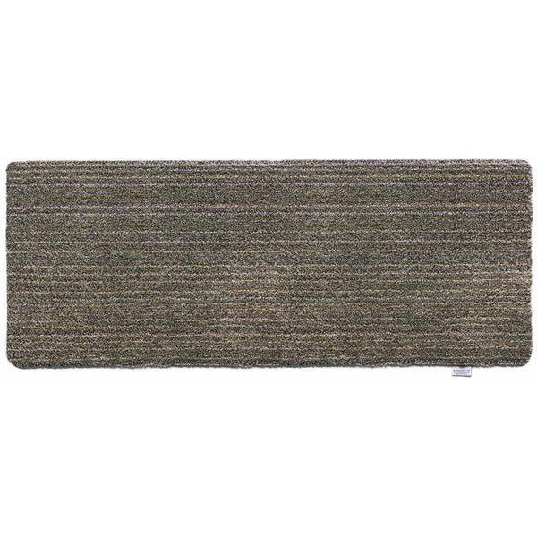 Candy Sage Green Washable Runner- a 100% recycled material runner featuring a subtle striped pattern in shades of grey, beige, and medium green.