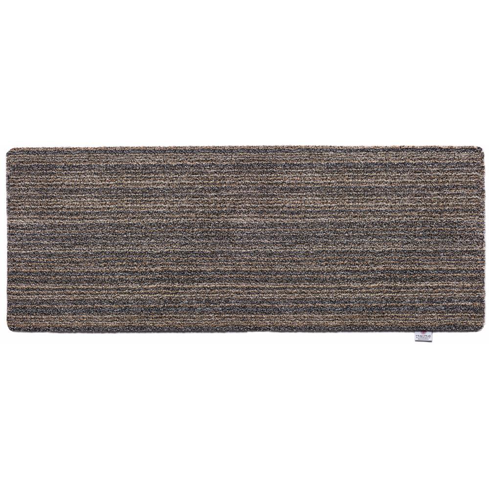 Candy Slate Striped Washable Runner- a 100% recycled material runner featuring a subtle striped pattern in shades of grey, beige, and brown.
