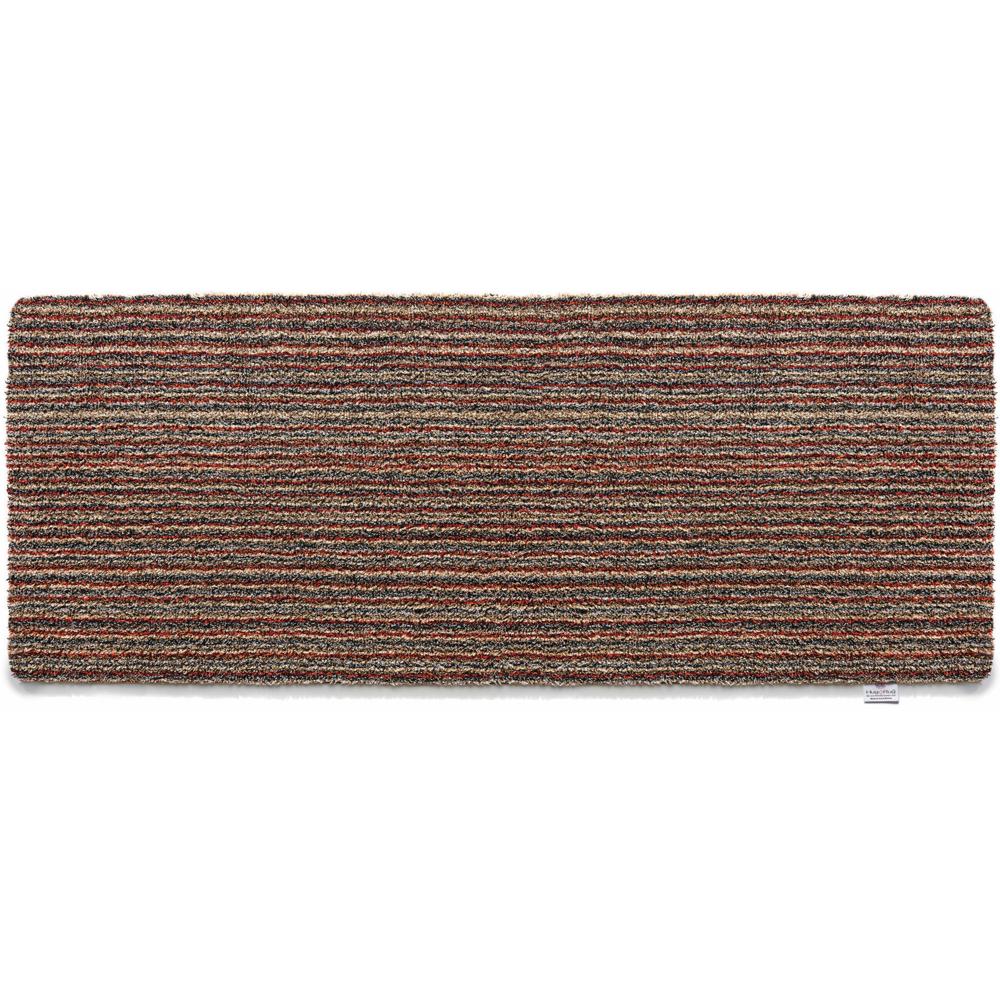 Candy Stripe Washable Runner- a 100% recycled material runner featuring a subtle striped pattern in shades of orange, red, beige, and grey.