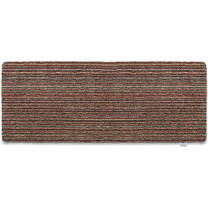 Candy Stripe Washable Runner- a 100% recycled material runner featuring a subtle striped pattern in shades of orange, red, beige, and grey.