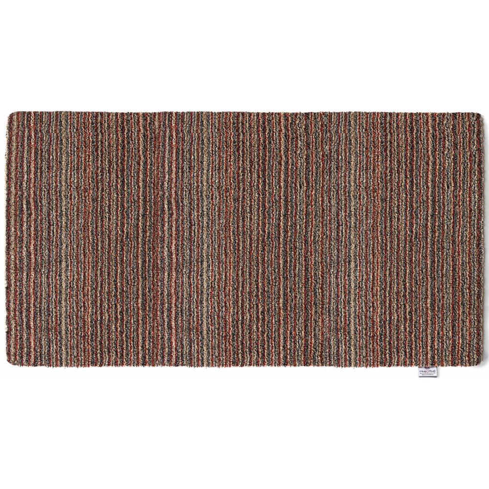 Candy Stripe Washable Runner- a 100% recycled material runner featuring a subtle striped pattern in shades of orange, red, beige, and grey.
