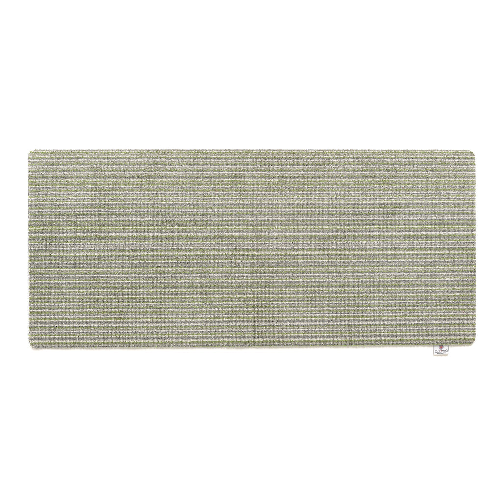 Candy Green Stripe Washable Runner- a 100% recycled material runner in shades of green, white, and grey.
