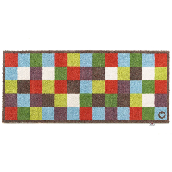 Check 10 Washable Runner- a 100% recycled cotton runner featuring multicoloured square checks in red, blue, white, and plum.