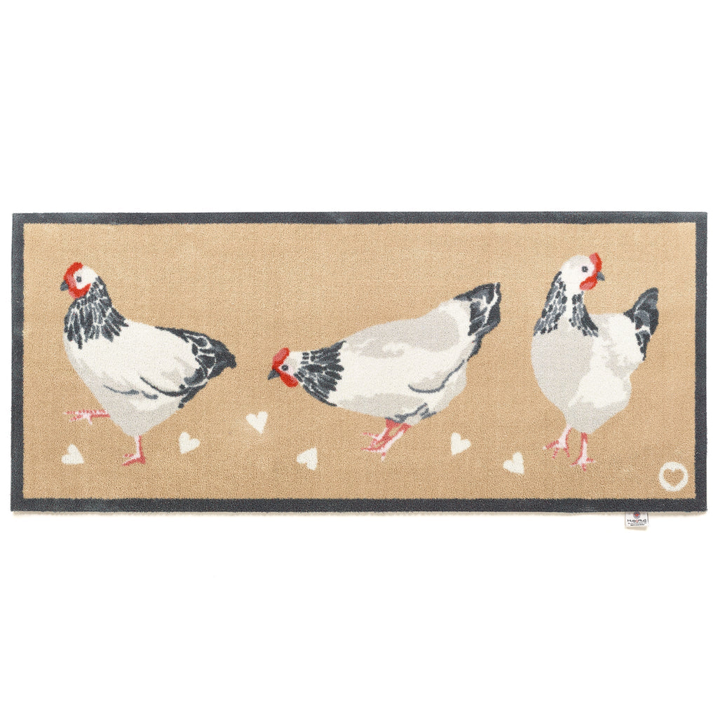 Chicken 1 Beige Washable Runner- a 100% recycled cotton runner featuring three white and grey chickens pecking at scattered white hearts.