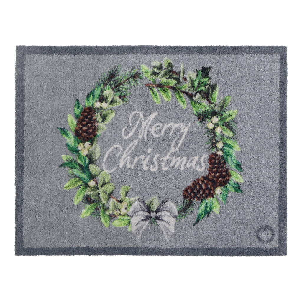Christmas Wreath Doormat- a cotton doormat featuring a wreath and graphic font.