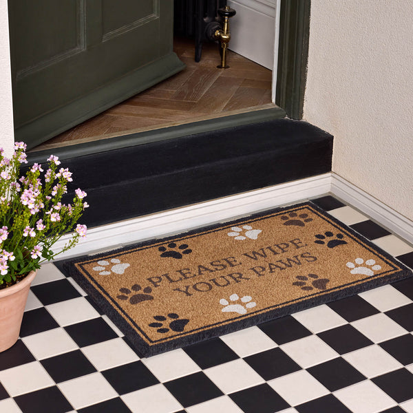 Wipe your Paws Border Coir Doormat- made from 100% coconut husk fibres with an eco-friendly backing.
