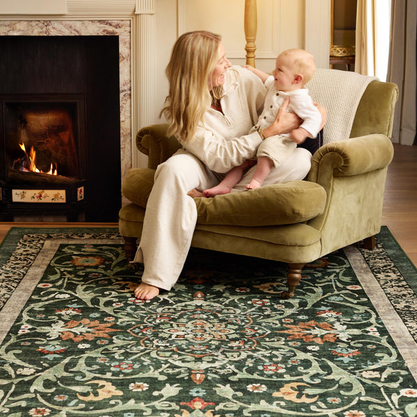 Country Paisley Green Eco-Washable Rug- a green eco -washable rug featuring various florals.