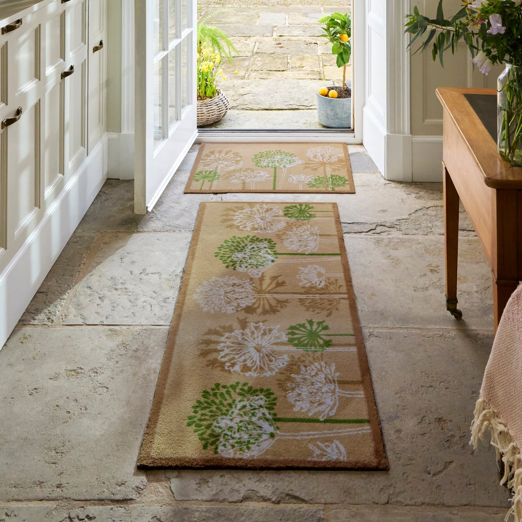 Dandelions Beige Washable Runner- 100% recycled cotton runner featuring hand-painted dandelions against a beige background.