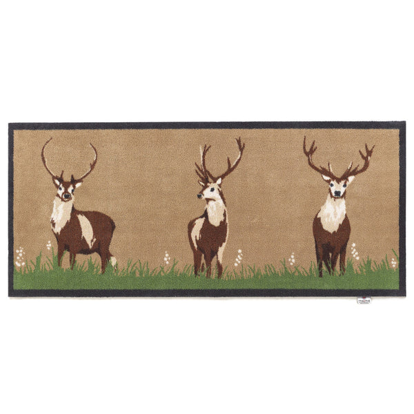 Deer 1 Beige Washable Runner in Beige- a 100% recycled cotton runner featuring three deers in short grass and flowers.