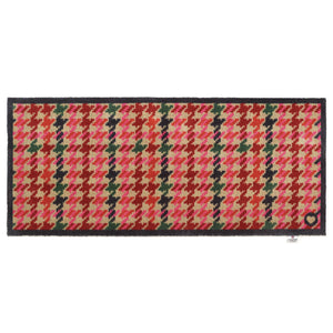 Designer 27 Washable Runner- a 100% cotton runner featuring a vertical houndstooth pattern in shades of pink, red, green, and dark navy