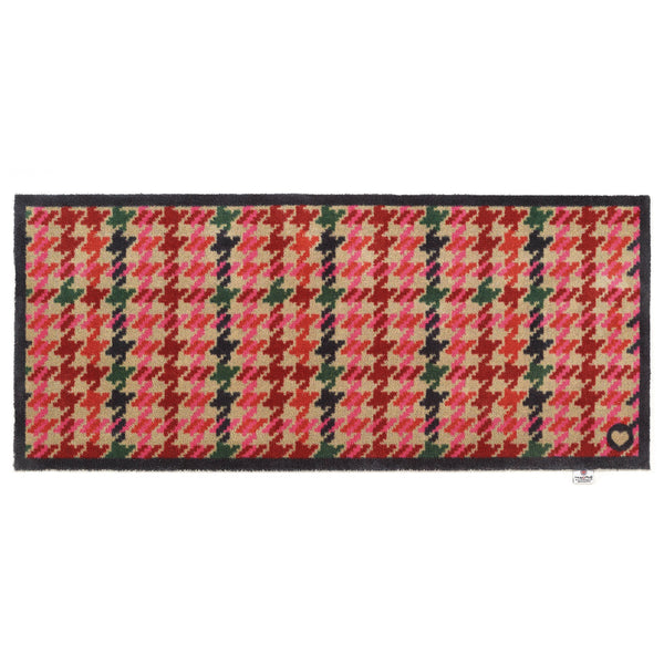 Designer 27 Washable Runner- a 100% cotton runner featuring a vertical houndstooth pattern in shades of pink, red, green, and dark navy