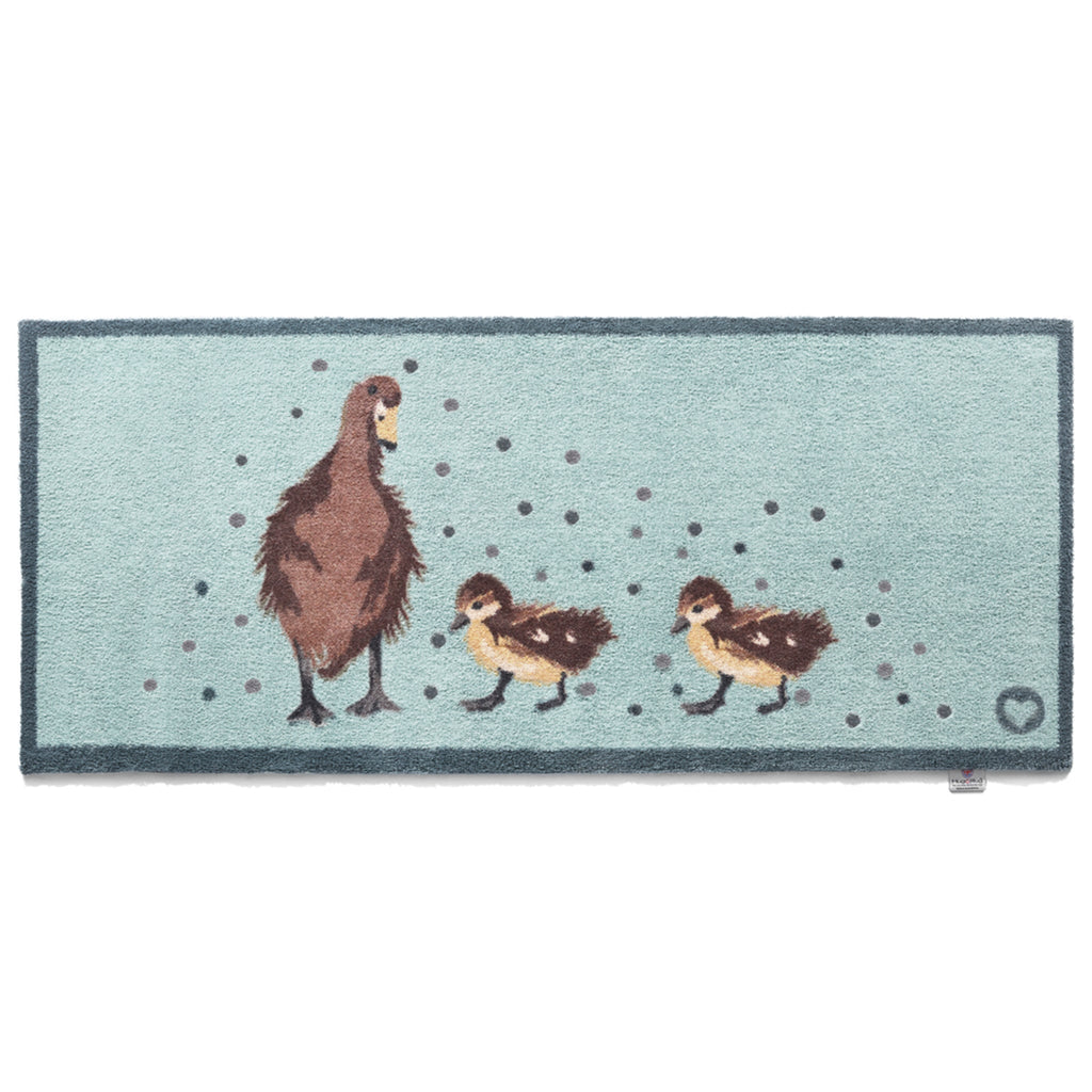 Ducks 1 Blue Washable Runner in Blue- a 100% recycled cotton runner featuring a brown duck with two ducklings surrounded by grey and blue spots.
