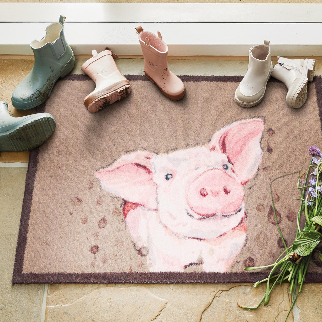 Farmyard Pig Washable Doormat- a cotton washable doormat featuring a pig shaking off mud.