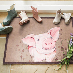 Farmyard Pig Washable Doormat- a cotton washable doormat featuring a pig shaking off mud.