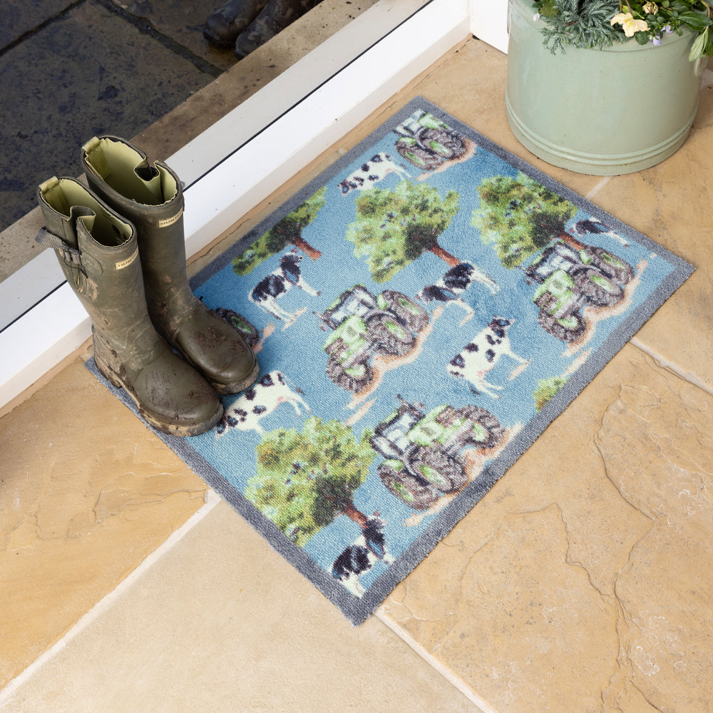 Farmyard Tractors & Cows Blue Doormat 5