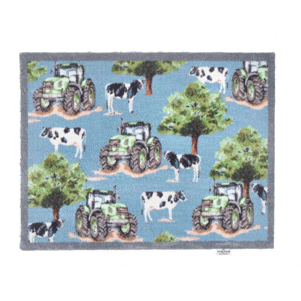 Farmyard Tractors & Cows Blue Doormat 1