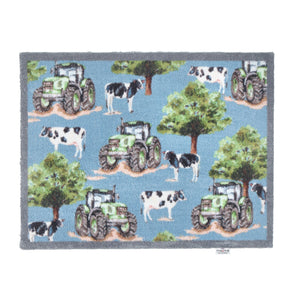 Farmyard Tractors & Cows Blue Doormat 1