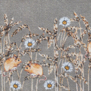 Field Mice 1 Washable Runner in dark grey- a 100% cotton runner featuring beige field mice among long grass and dandelions.